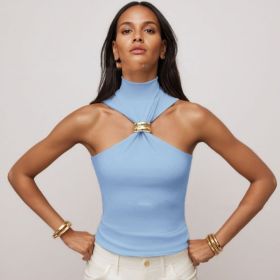 Gold Ring Sleeveless Cold-shoulder Stretch Top (Option: Sky Blue-M)