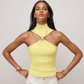 Gold Ring Sleeveless Cold-shoulder Stretch Top (Option: Yellow-S)