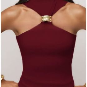 Gold Ring Sleeveless Cold-shoulder Stretch Top (Option: Red-M)