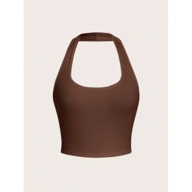 Solid Color Cropped Halter Neck Slim Fit Tank Top For Women (Option: Brown-L)