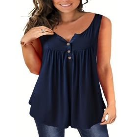 Self-pick-up Women's Plus Size Sleeveless Top V Neck Button Casual T-Shirt Only Self-pickup Is Supported (Option: Navy blue-0XL)