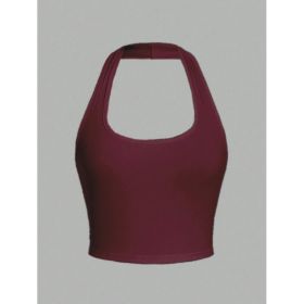 Solid Color Cropped Halter Neck Slim Fit Tank Top For Women (Option: Red-S)