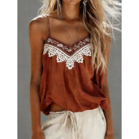 Women's Bohemian Retro Color Block Lace V-Neck Loose Camisole (Option: Caramel-L)