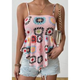 Women's Vacation Hibiscus Printed Ruffle Hem Casual Camisole Top Graphic Tees (Option: Pink-XL)