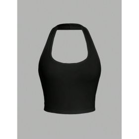 Solid Color Cropped Halter Neck Slim Fit Tank Top For Women (Option: Black-S)
