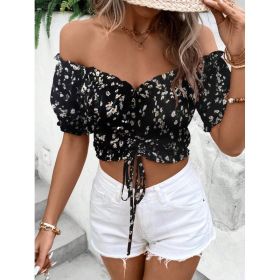 Women Vacation Style Casual Off-Shoulder Elastic Cropped Top With Floral Print (Option: Black-XL)