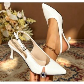 Shiny Pointed Back Buckle High-heeled Shoes With Feminine Temperament, Wine Glasses, Sandals, Dating Parties, Commuting, Slim Heels (Option: White-40)