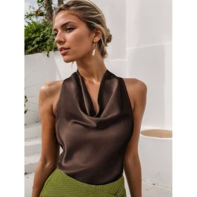 Women Solid Color Swing Collar Sleeveless Vest Trendy Elegant Shirt With Halter Neckline Backless Short Sleeve Tops Tshirts (Option: Khaki-S)