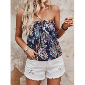 Floral Printed Summer Pleated Strapless Top (Option: Navy blue-S)