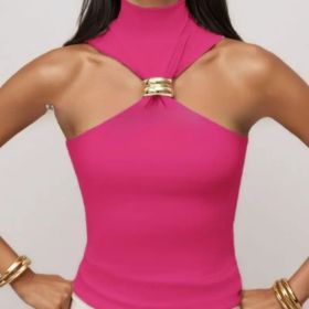 Gold Ring Sleeveless Cold-shoulder Stretch Top (Option: Rose Red-L)