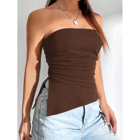 Women Solid Color Ruched Side Slit Hem Bandeau Cami Top (Option: Brown-XL)