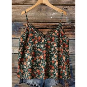 Floral Lace Trim Cami Top (Option: Dark Green-S)