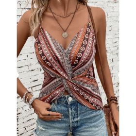 Geo Print Twist Front Cami Top (Option: Brown-XL)