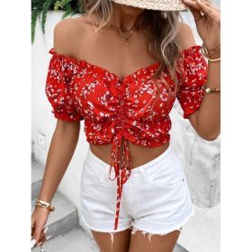Women Vacation Style Casual Off-Shoulder Elastic Cropped Top With Floral Print (Option: Red-XL)