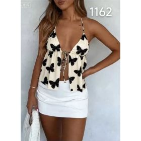 Ivory Base Black Butterfly Print Halter Tie-Up Split Babydoll Cami Top (Option: Ivory-S)