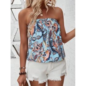 Floral Printed Summer Pleated Strapless Top (Option: Baby Blue-S)