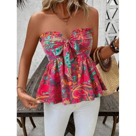 Strapless Cinched Waist Ruffle Hem Floral Printed Vacation Top (Option: Pink-XL)