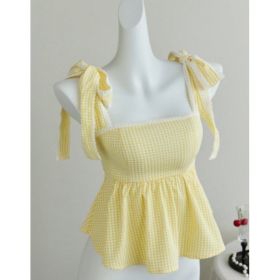 Bow Tie Lace Trim Waist Cinched Peplum Cami Top (Option: Yellow-S)