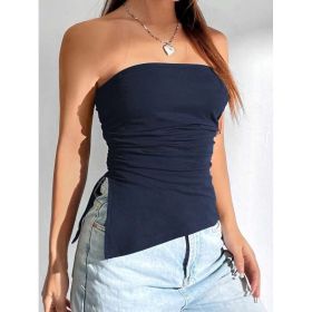 Women Solid Color Ruched Side Slit Hem Bandeau Cami Top (Option: Blue-XL)