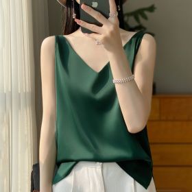 Sling Vest Inner Match Satin Silky Base Loose Sleeveless Top (Option: Dark Green-M)