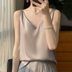 Sling Vest Inner Match Satin Silky Base Loose Sleeveless Top (Option: Silver Gray-L)