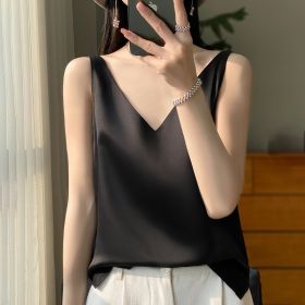 Sling Vest Inner Match Satin Silky Base Loose Sleeveless Top (Option: Black-XXXL)