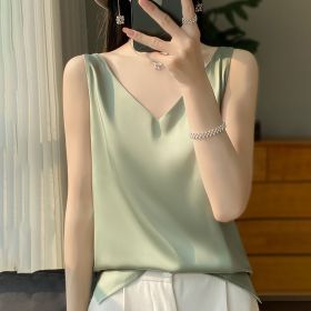 Sling Vest Inner Match Satin Silky Base Loose Sleeveless Top (Option: Grass Green-XXXL)