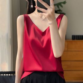 Sling Vest Inner Match Satin Silky Base Loose Sleeveless Top (Option: Wine Red-XL)